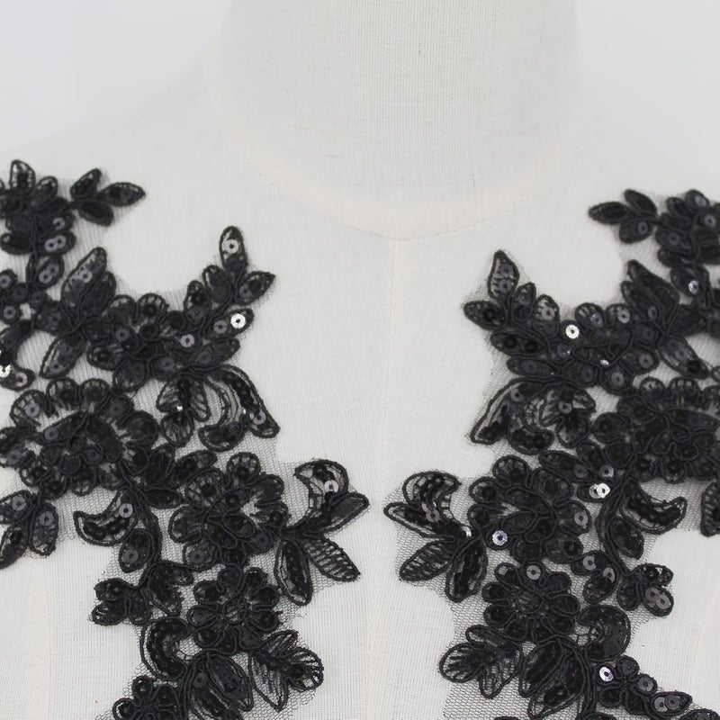 SEMCICOR Set of 2 Sequin Flower Patches Lace Applique Embroidered Trim Applique Motif Wedding Gown Dress Bridal DIY Crafts(Black) - Image 5